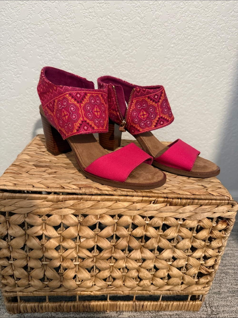 Toms Pink Embroidered Block Heel Sandals